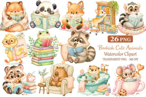 Download Bookish Cute Animals Watercolor Cliparts - Cute animals Collection