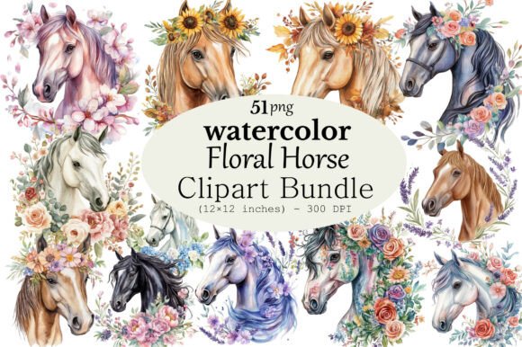 Download Watercolor Floral Horse Clipart Bundle - Bundle Collection