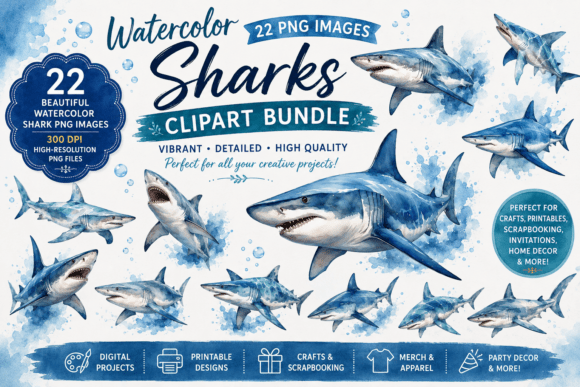 Download Shark Watercolor Clipart Bundle - Bundle Collection